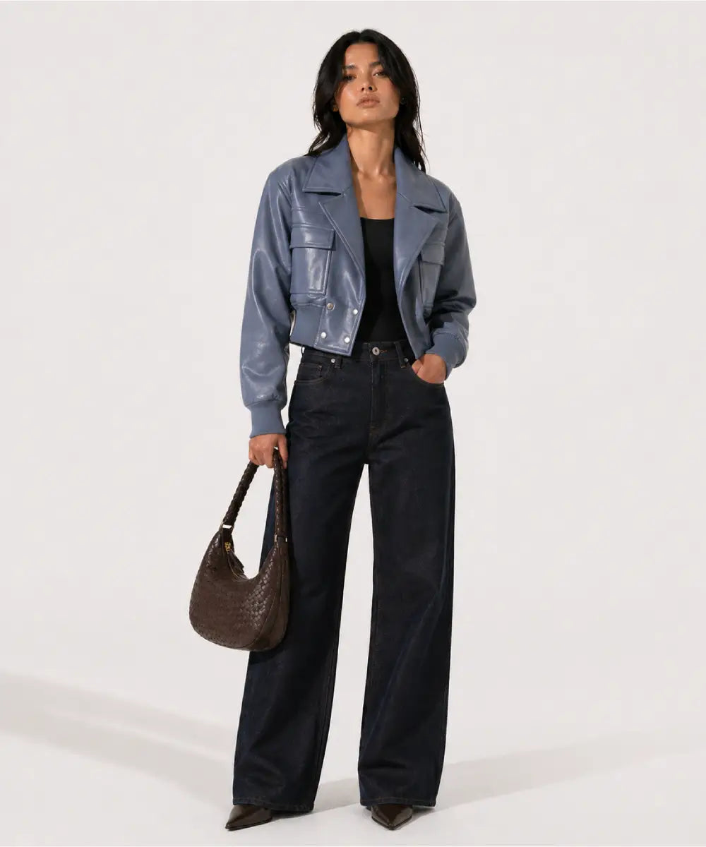 VintageBlueLeatherLapelCropBomberJacket