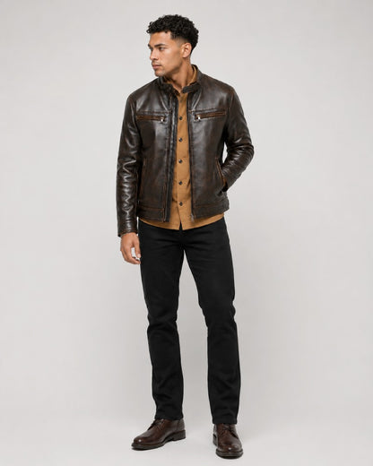VintageBrownCafeRacerLeatherJacket