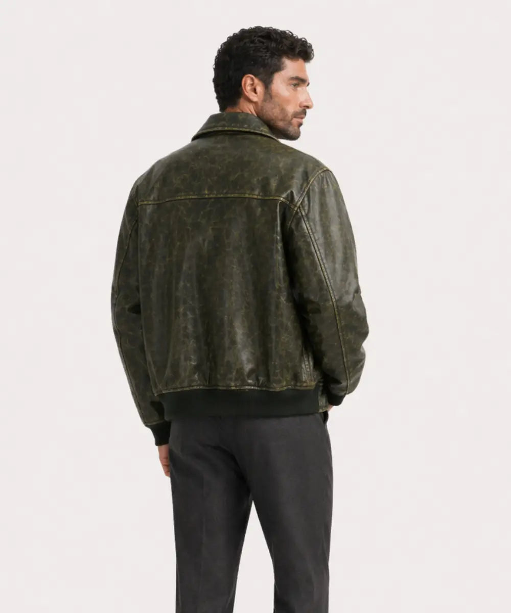 VintageEffectOliveDistressedLeatherBomberJacket