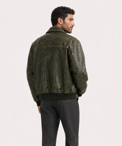 VintageEffectOliveDistressedLeatherBomberJacket