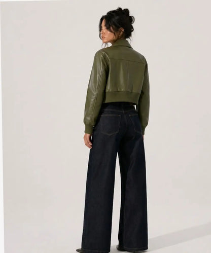 Vintage Green Leather Crop Bomber Jacket