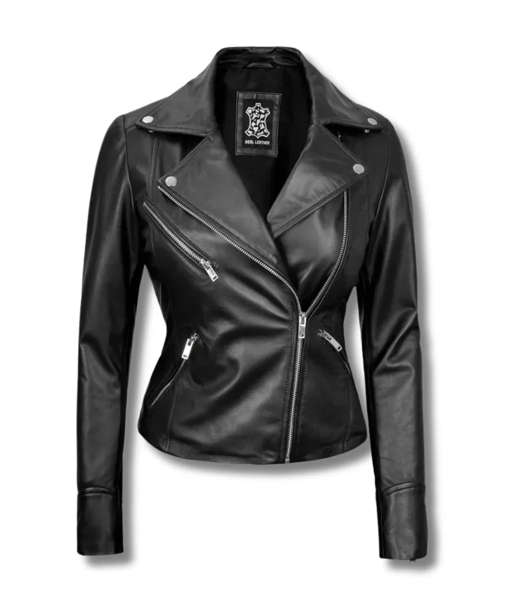 Womans Black Motorcycle Biker Leather Bomber Jacket 