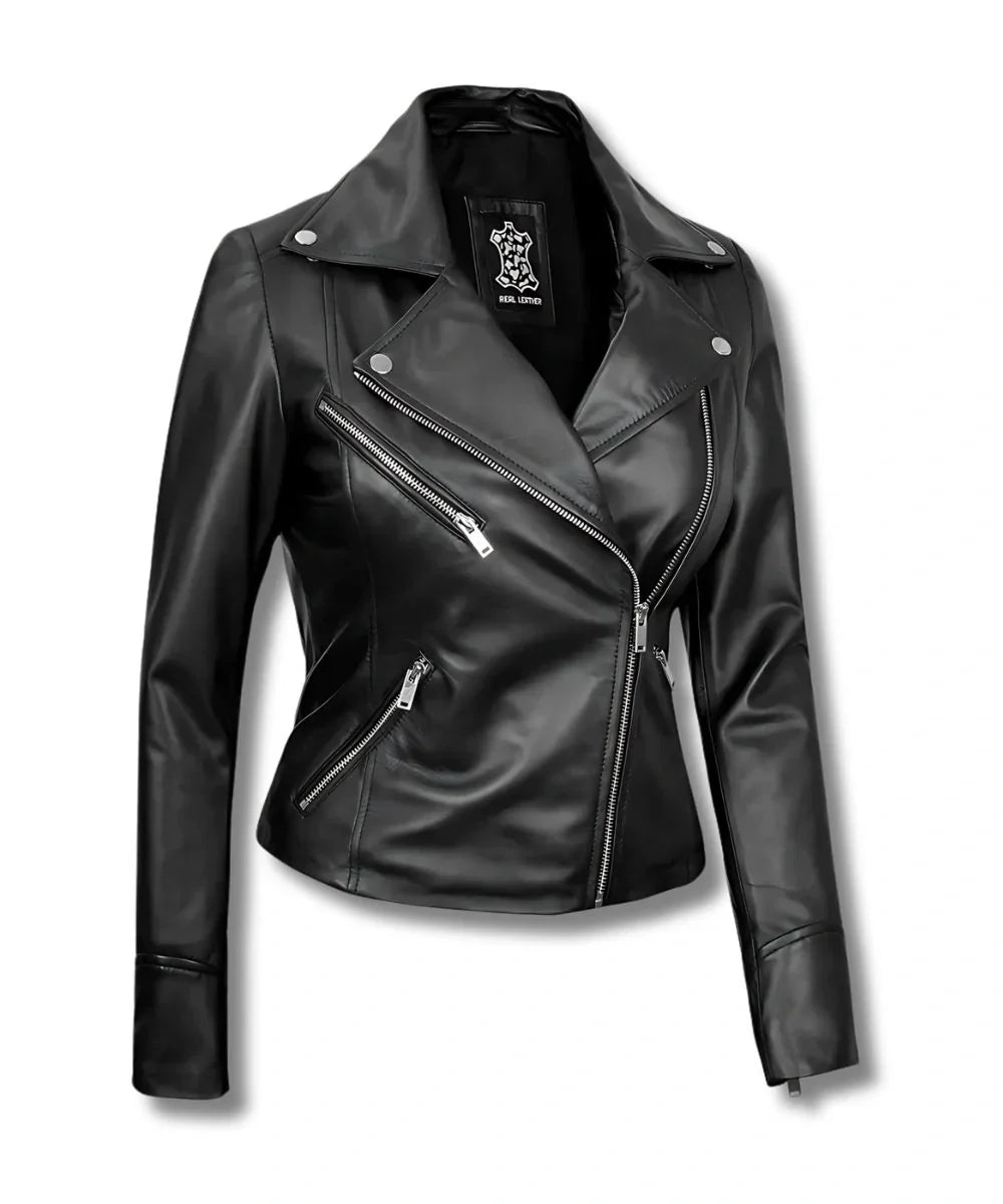Womans Motorcycle Black Biker Leather Bomber Jacket 