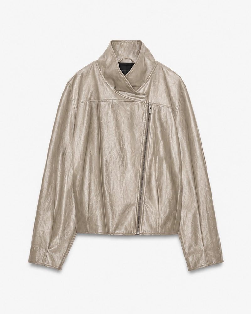 WomenBeigeFauxLeatherHighNeckJacket