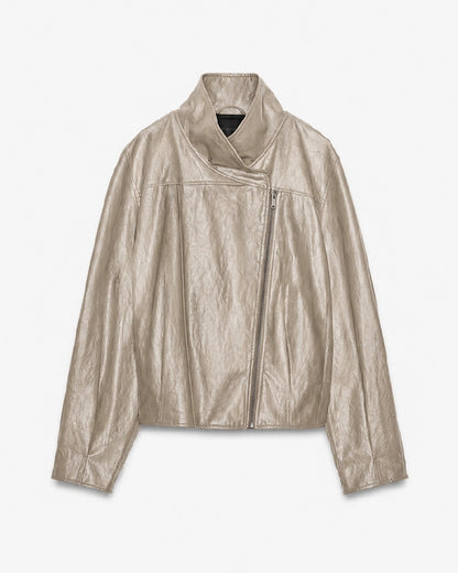 WomenBeigeFauxLeatherHighNeckJacket
