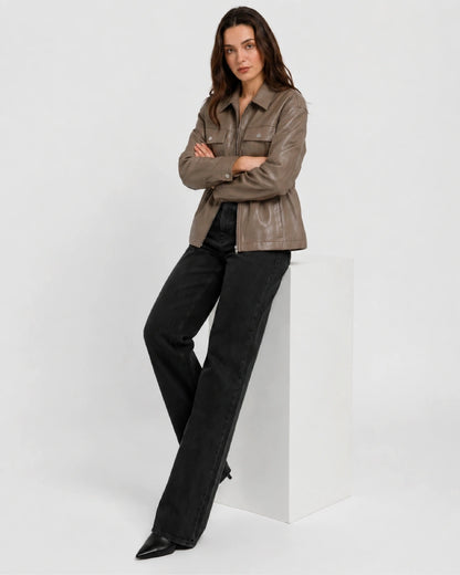 WomenBeigeFauxLeatherJacketWithElasticatedWaist