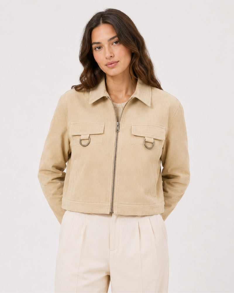 WomenBeigeFauxSuedeD-RingUtilityCropJacket