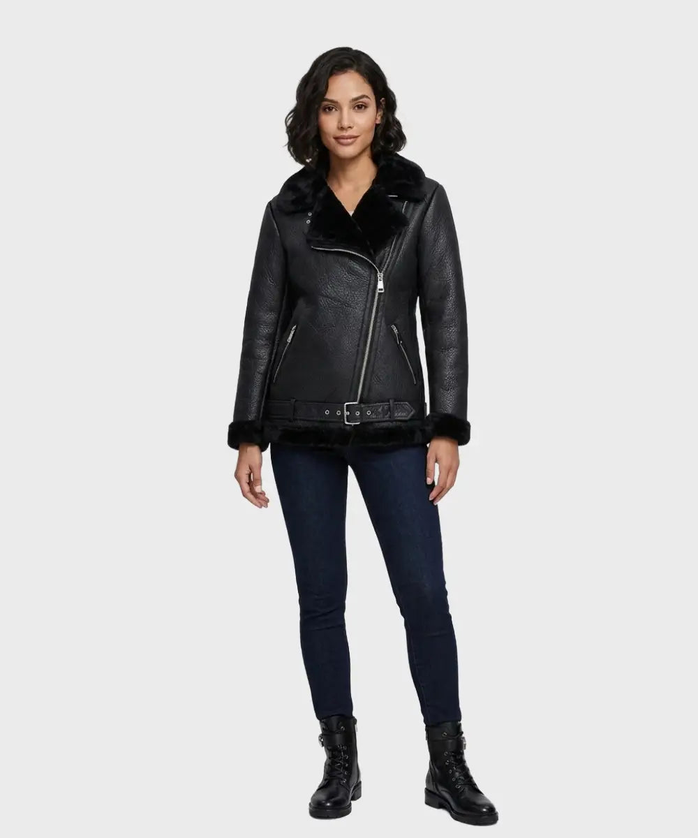 WomenBlackAviatorShearlingLeatherJacket