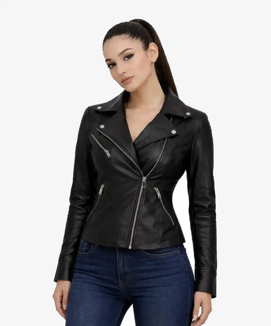WomenBlackLeatherFittedMotorcycleAsymmetricalZipJacket