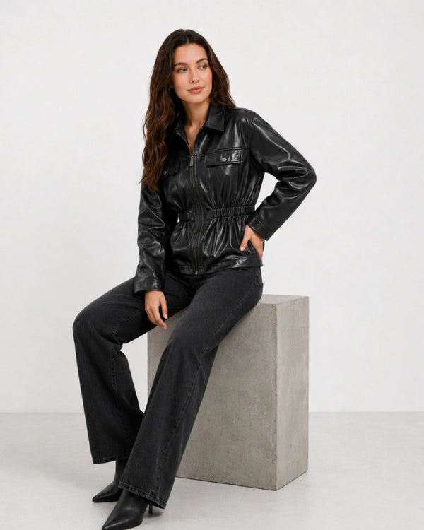 WomenBlackLeatherJacketWithElasticatedWaist