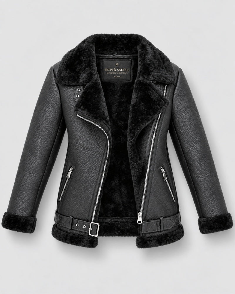 WomenBlackShearlingAsymmetricMotoCoat