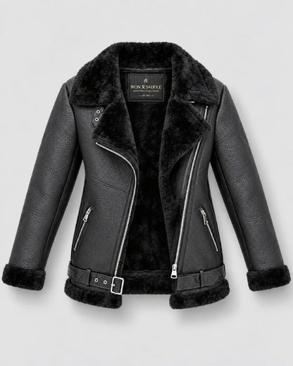 WomenBlackShearlingAsymmetricMotoCoat
