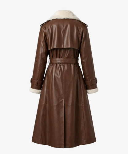 WomenBrownLeatherLongBeltedWhiteShearlingTrenchCoatLimitedEdition