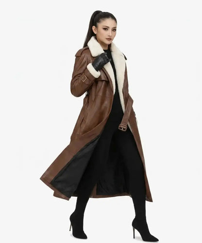 WomenBrownLeatherShearlingLongTrenchCoat
