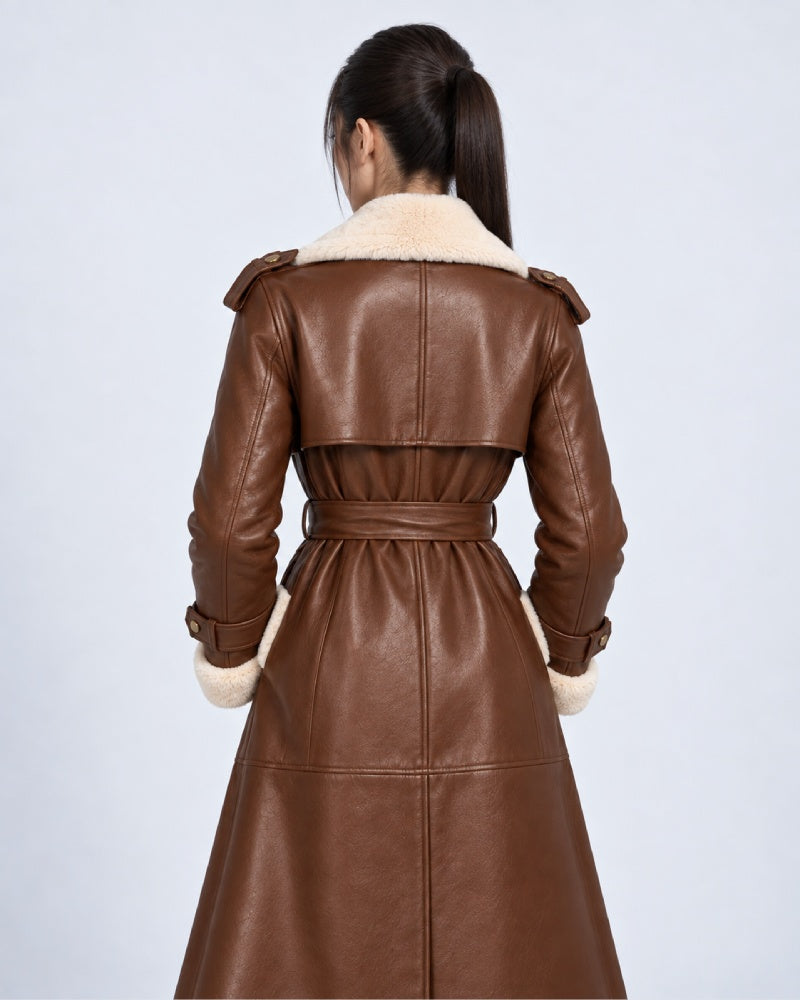 Women’s Brown Shearling Leather Belted Trench Coat