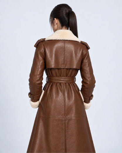 Women’s Brown Shearling Leather Belted Trench Coat