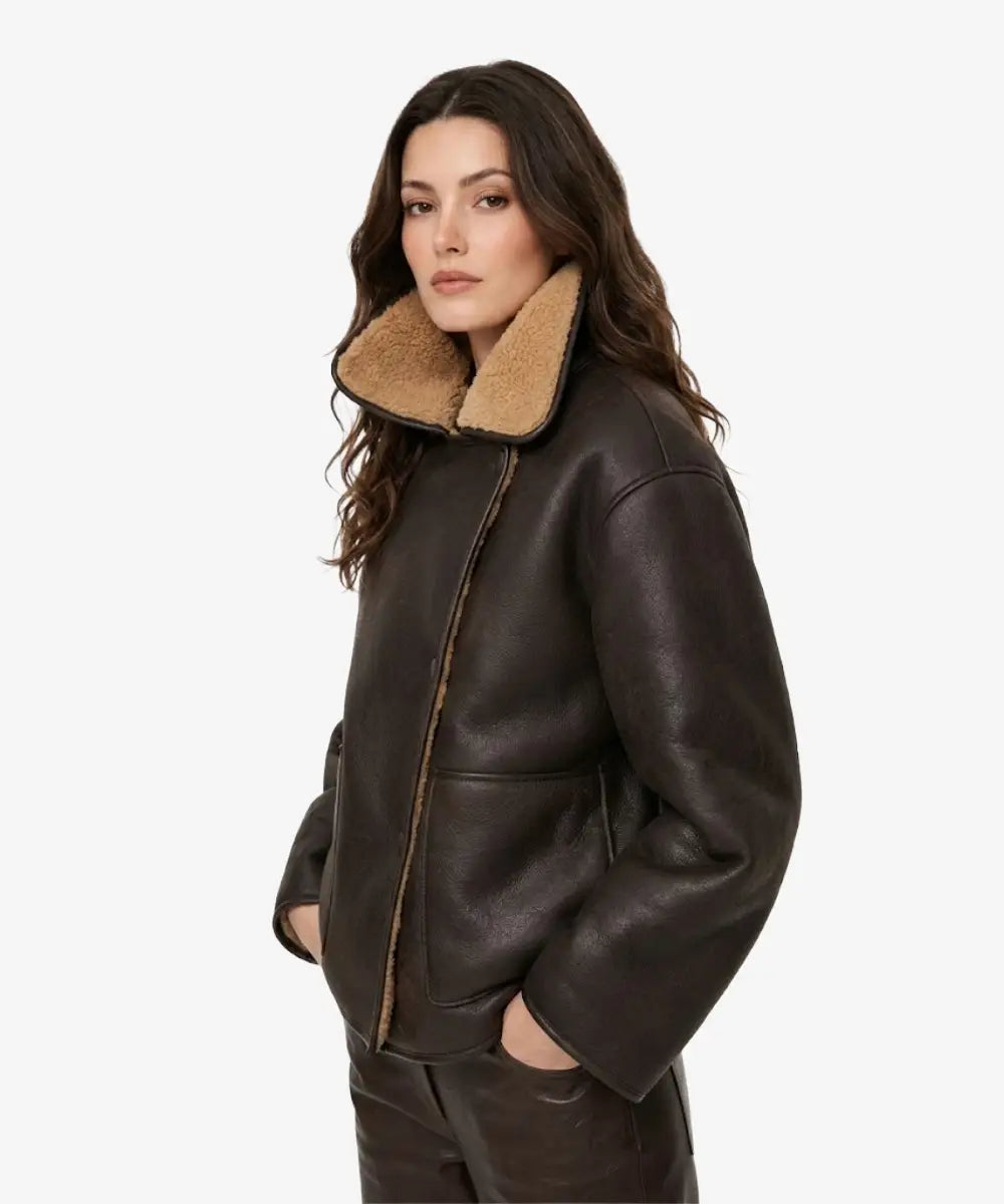 WomenBrownShearlingLeatherDoubleFacedAviatorBomberJacket
