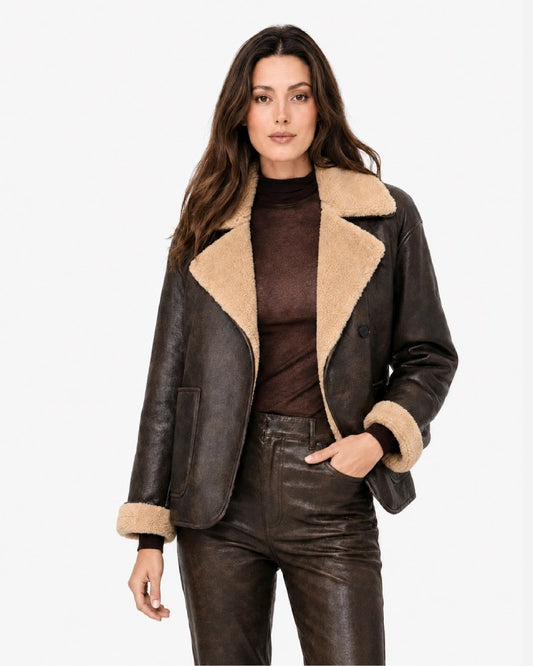 WomenBrownShearlingLeatherLimitedEditionOversizedDoubleFacedAviatorBomberJacket