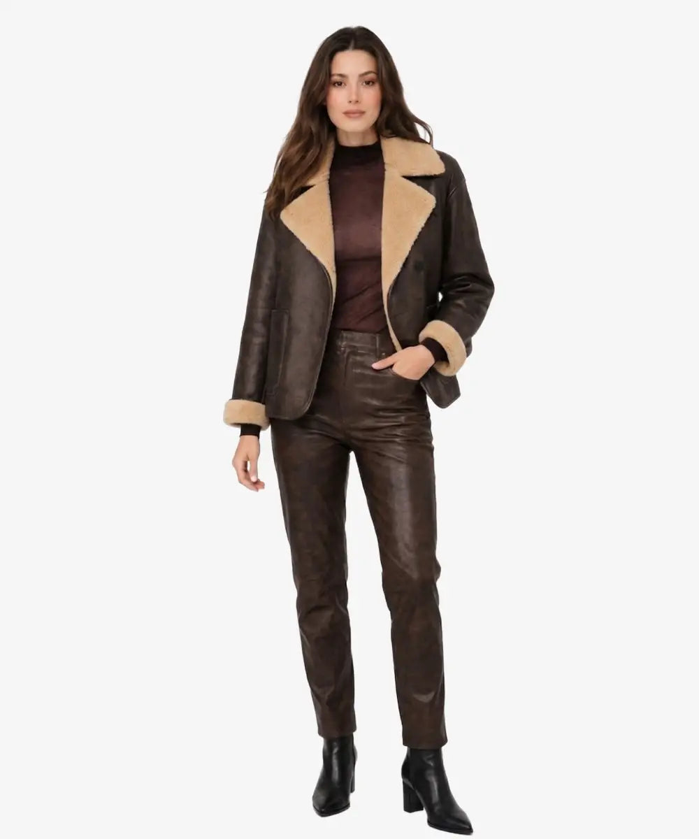 WomenBrownShearlingLeatherLimitedEditionOversizedDoubleFacedAviatorBomberJacket