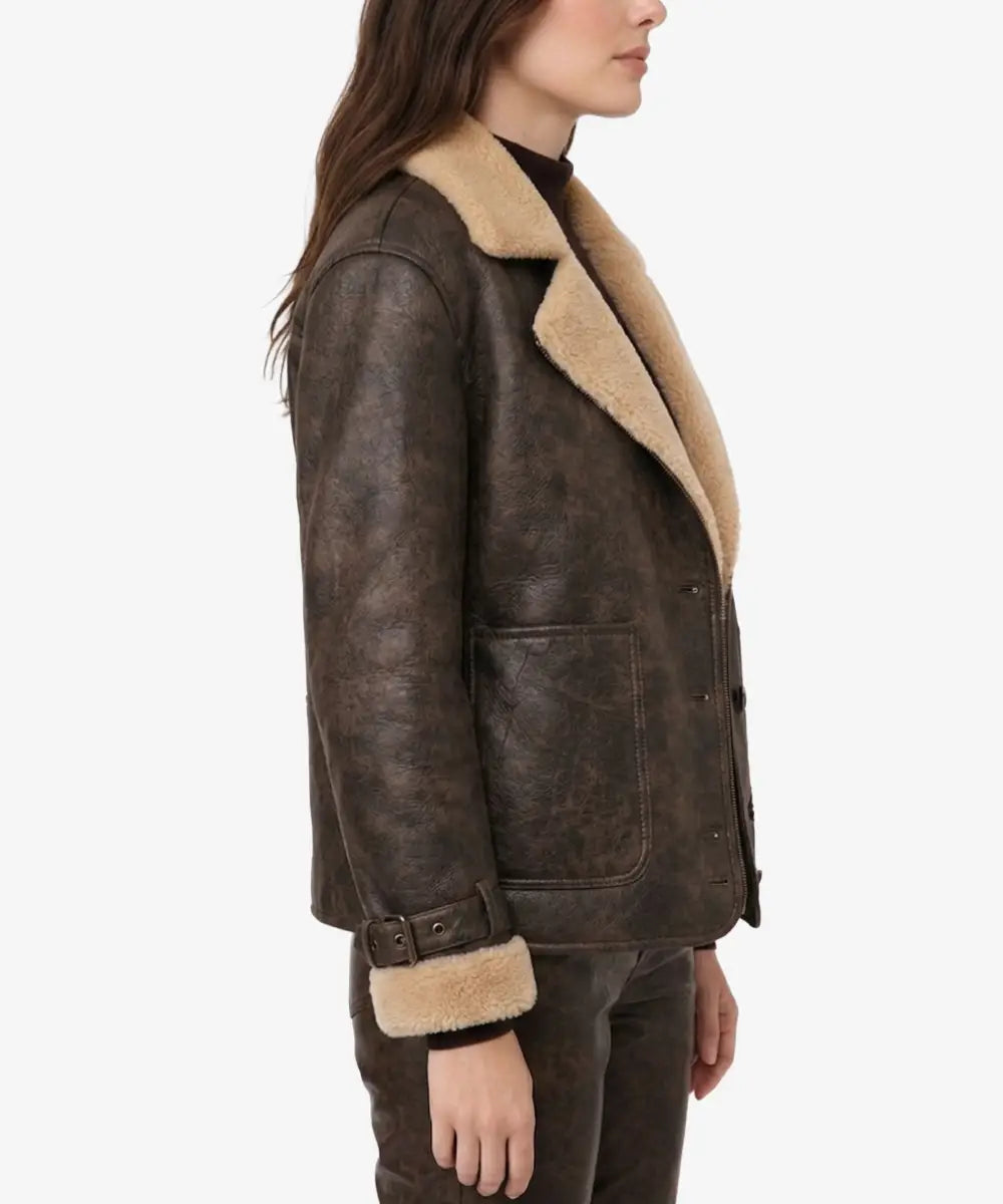 WomenBrownShearlingLeatherLimitedEdition_nbsp_OversizedDoubleFacedAviatorBomberJacket