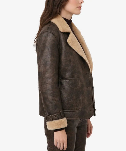 WomenBrownShearlingLeatherLimitedEdition_nbsp_OversizedDoubleFacedAviatorBomberJacket