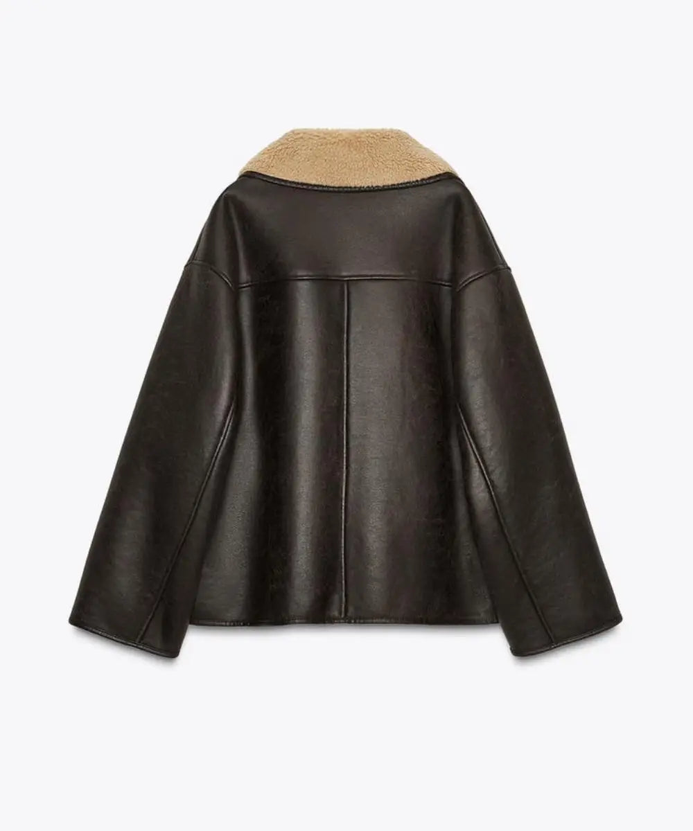 WomenBrownShearlingLeatherOversizedDoubleFacedAviatorBomberJacket