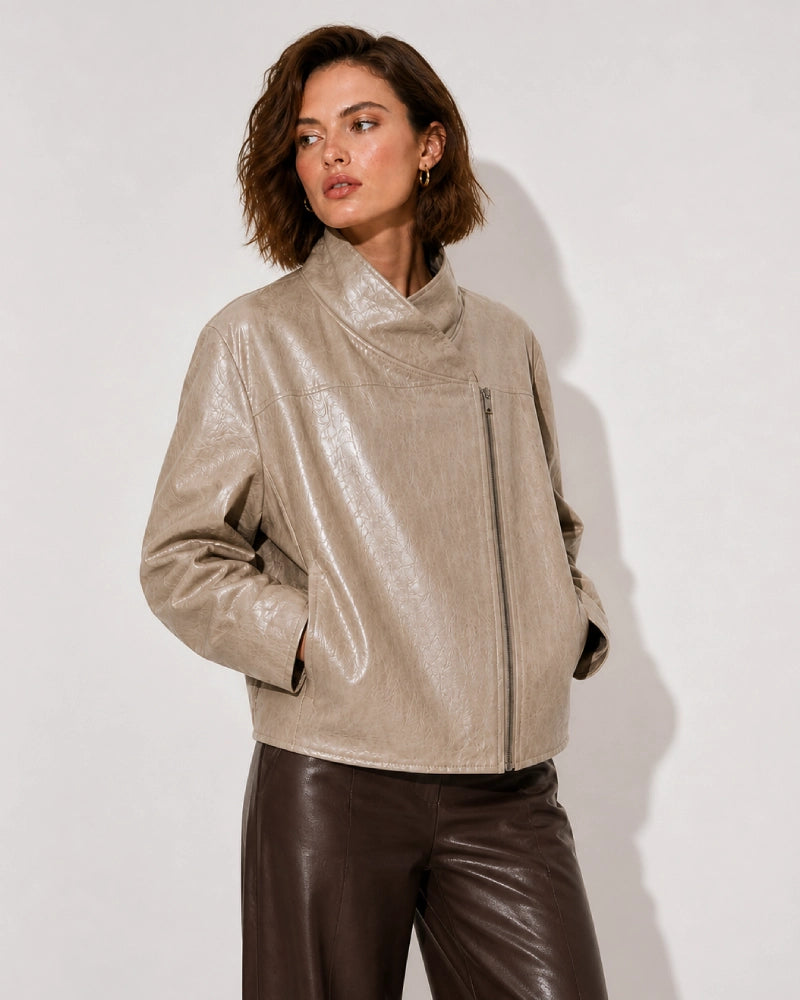 WomenCollectionBeigeFauxLeatherHighNeckJacket