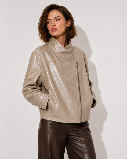 WomenCollectionBeigeFauxLeatherHighNeckJacket
