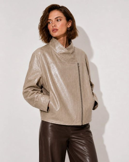 WomenCollectionBeigeFauxLeatherHighNeckJacket