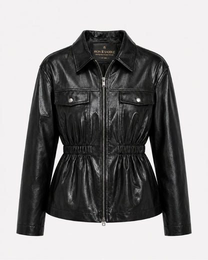 WomenCollectionBlackFauxLeatherJacketWithElasticatedWaist
