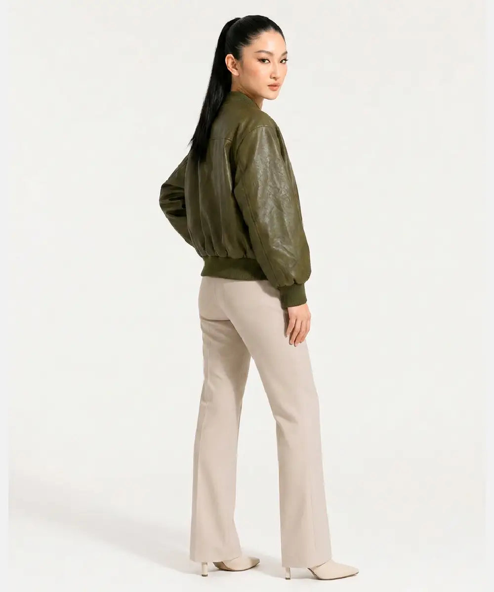 WomenCollectionGreenFauxLeatherBomberJacketWithShoulderPads