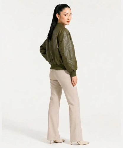 WomenCollectionGreenFauxLeatherBomberJacketWithShoulderPads