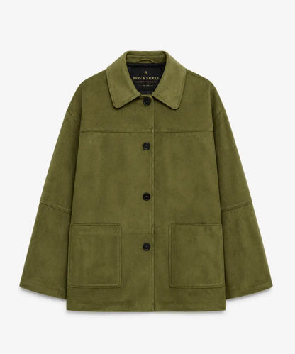 WomenCollectionGreenLongFauxSuedeCoat