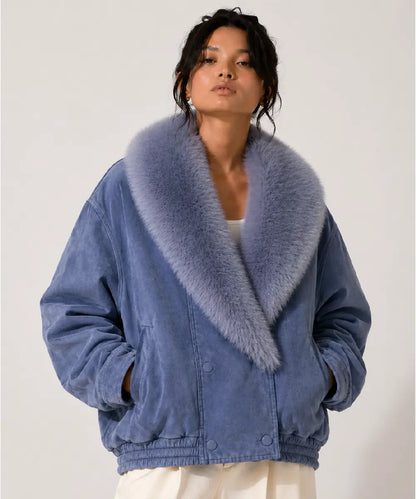 WomenCollectionLimitedEditionOversizeIceBlueSuedeLeatherJacketWithFur