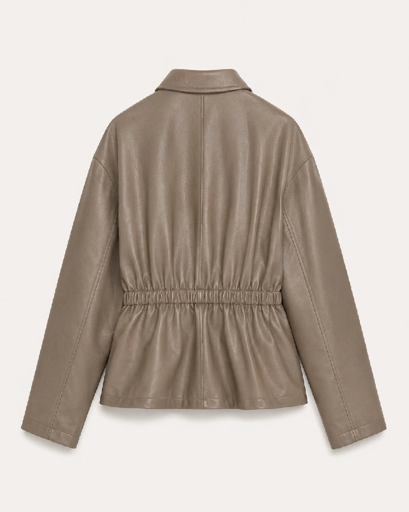 WomenCollectionTaupeBrownFauxLeatherJacketWithElasticatedWaist
