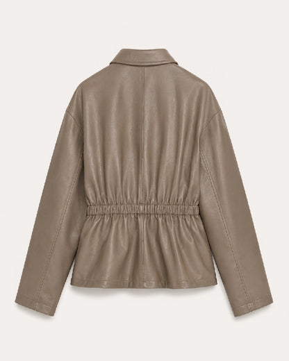 WomenCollectionTaupeBrownFauxLeatherJacketWithElasticatedWaist