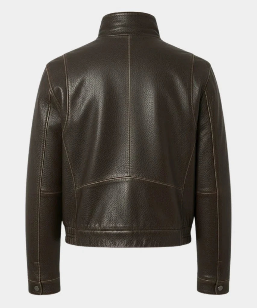 WomenDarkBrownHighCollarLeatherJacket_Stand-UpCollarClassicStyle