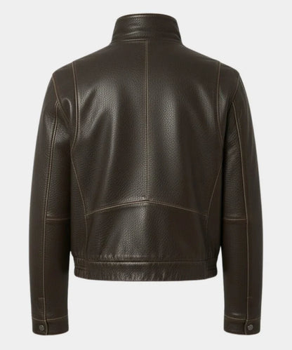 WomenDarkBrownHighCollarLeatherJacket_Stand-UpCollarClassicStyle