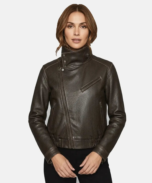 WomenDarkBrownHighCollarLeatherJacketforWomen