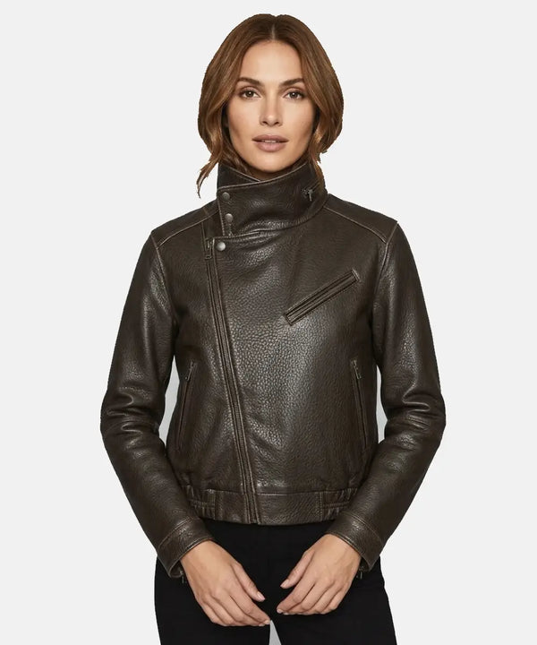WomenDarkBrownHighCollarLeatherJacketforWomen