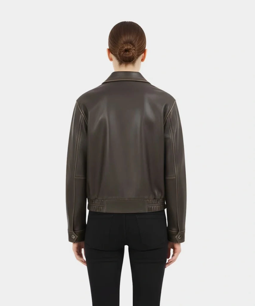 WomenDistressedOversizedDarkBrownLeatherBomberJacket