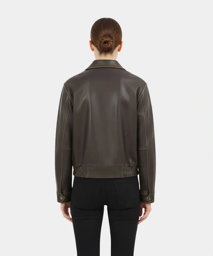 WomenDistressedOversizedDarkBrownLeatherBomberJacket