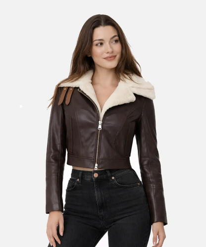 WomenDoubleCollarCropBrownLeatherJacket
