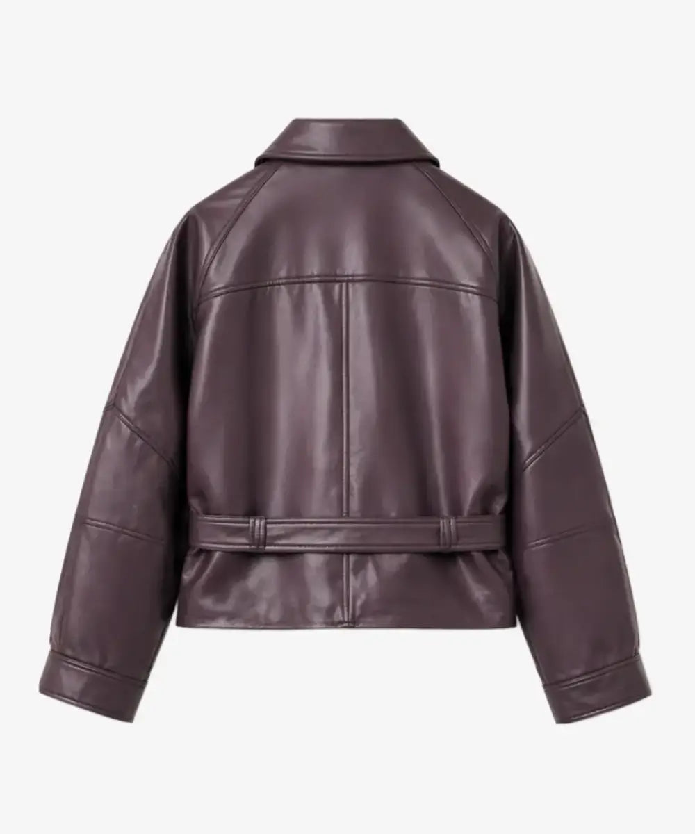 WomenEditionShortWomenFauxLeatherPeplumJacketWithBelt-MauveWine