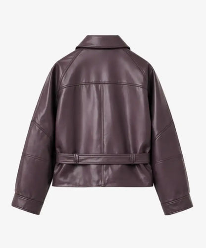 WomenEditionShortWomenFauxLeatherPeplumJacketWithBelt-MauveWine