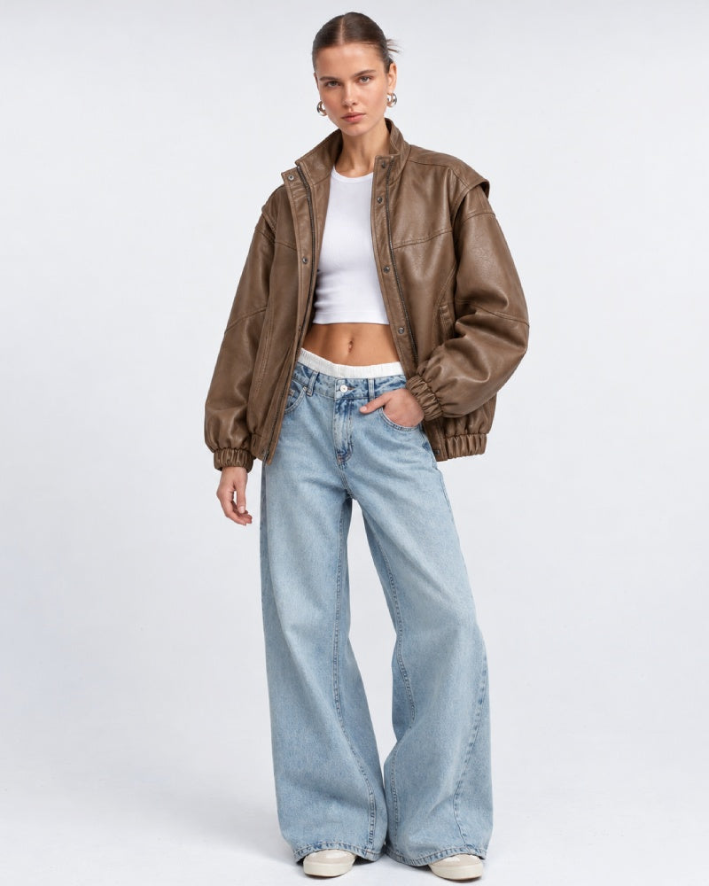 WomenFauxLeatherBomberJacket