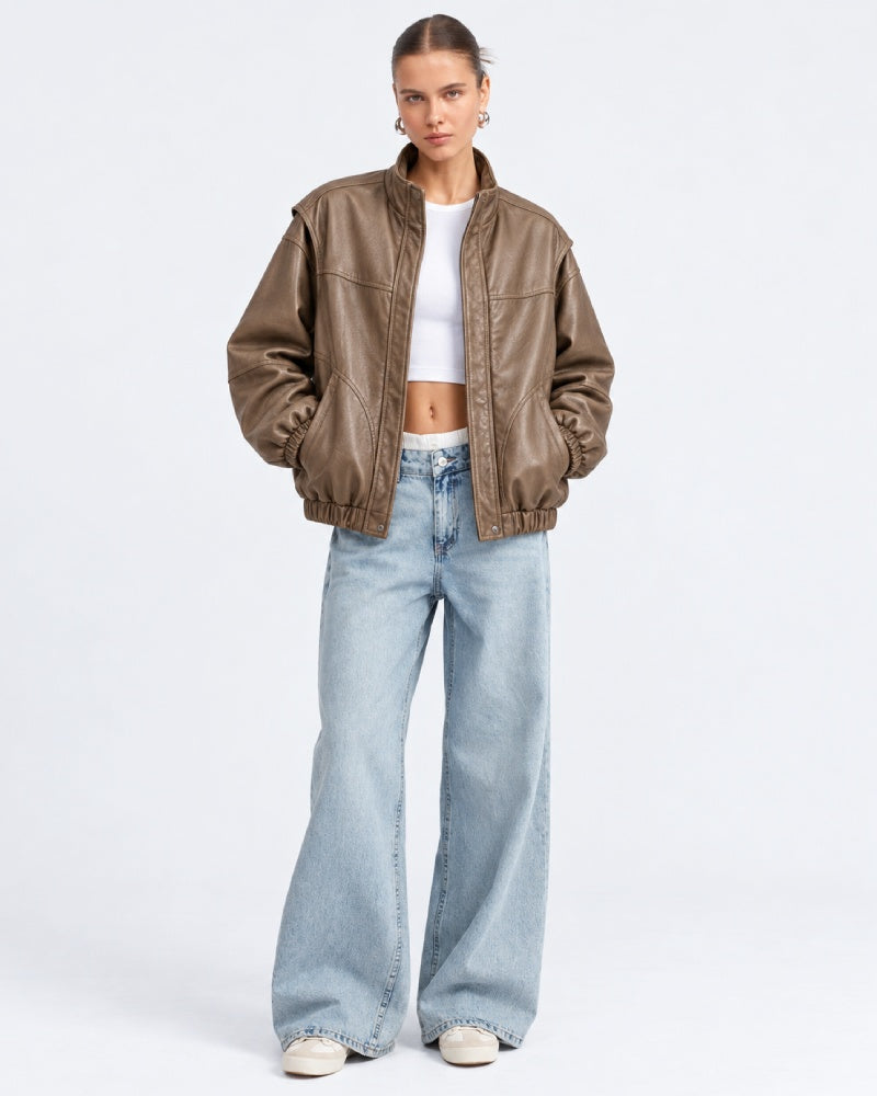 WomenFauxLeatherBomberJacketWithHighNeck