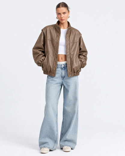 WomenFauxLeatherBomberJacketWithHighNeck
