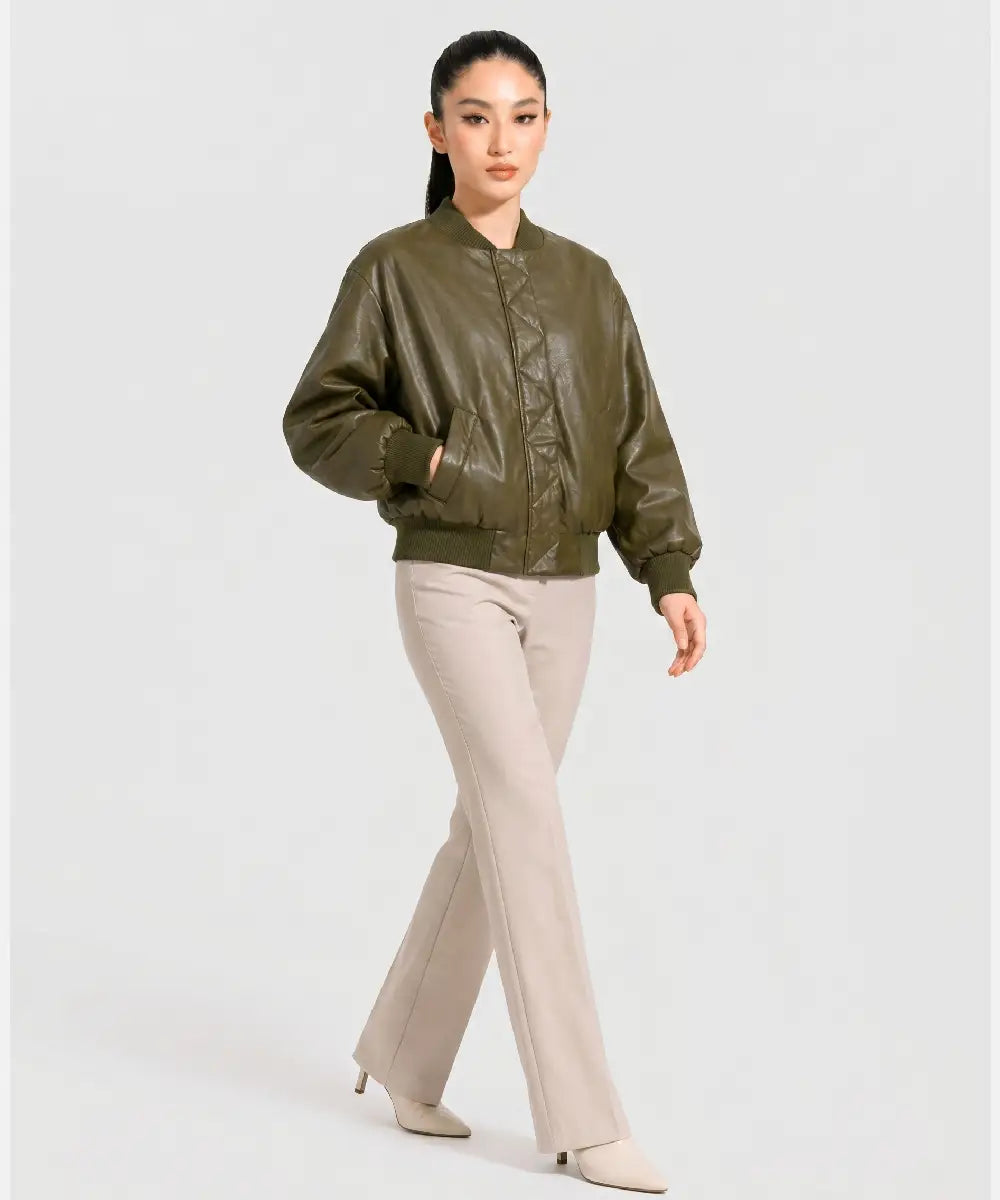 WomenFauxLeatherBomberJacketWithShoulderPads