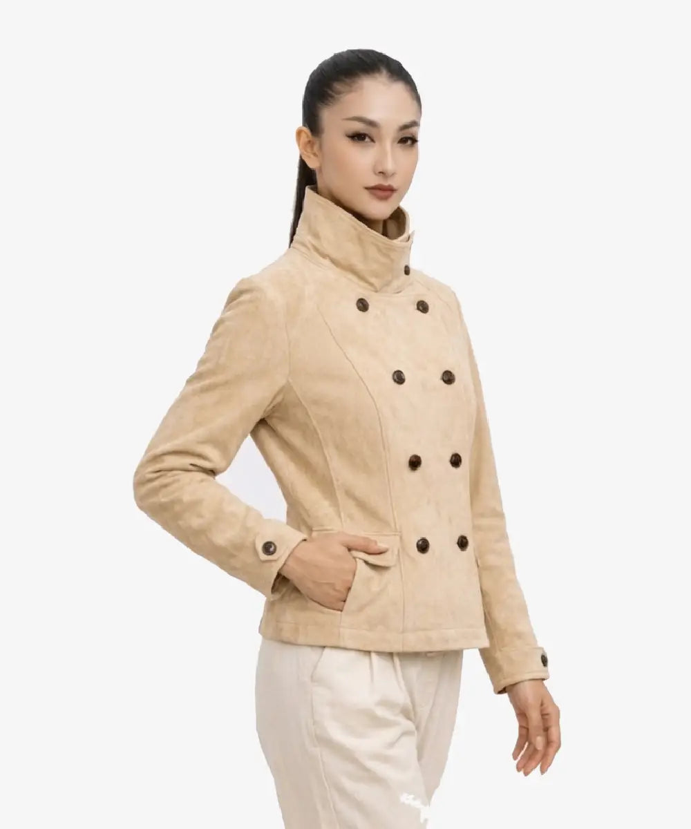 WomenFittedBeigeSuedeLeatherJacket